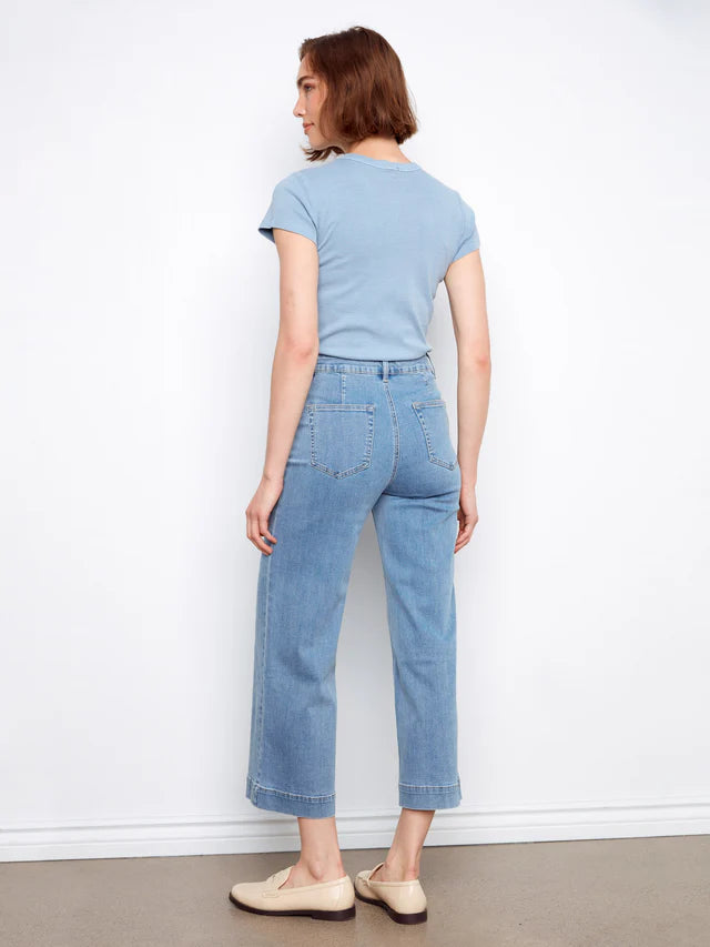 Cropped Patch Pocket Flare Jeans in Blue Jean