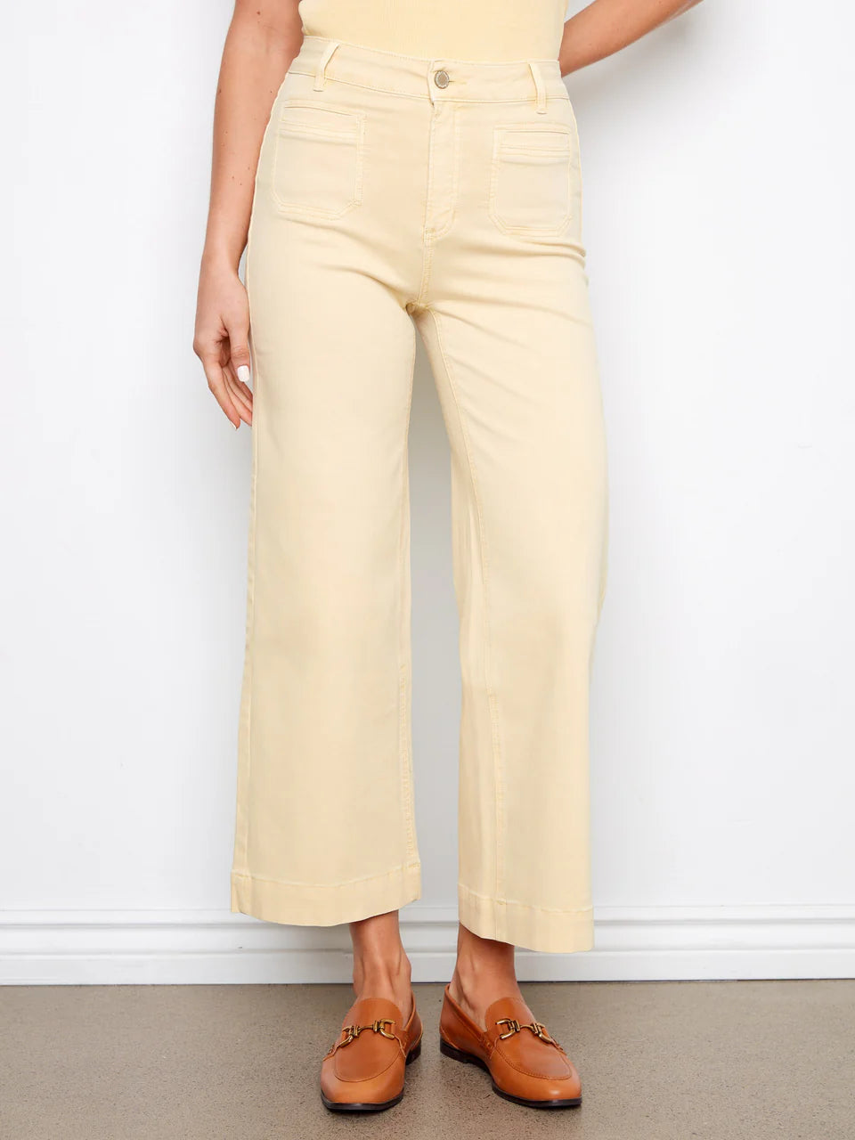 Colored Twill Cropped Flare Leg Patch Pocket Pant in Butter