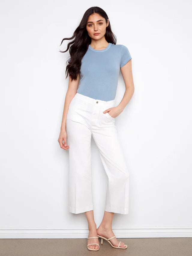 Cropped Wide Leg Stretch Twill Jeans in White