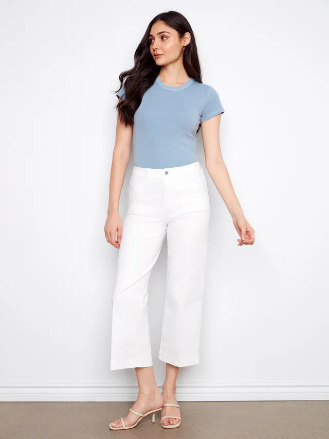 Cropped Wide Leg Stretch Twill Jeans in White