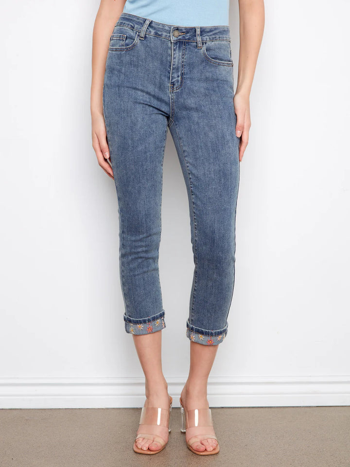 Embroidered Cuff Cropped Slim Leg Jeans in Medium Blue