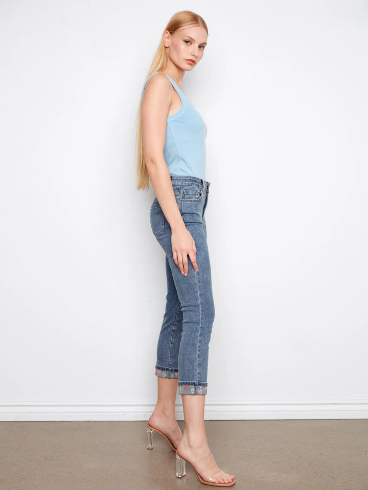 Embroidered Cuff Cropped Slim Leg Jeans in Medium Blue