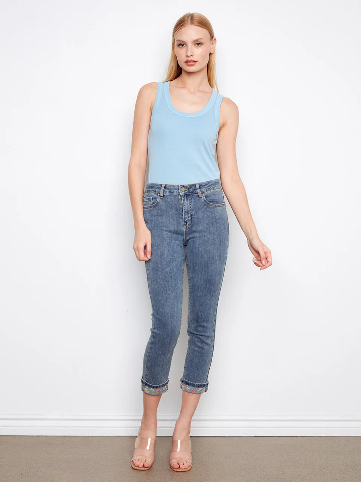 Embroidered Cuff Cropped Slim Leg Jeans in Medium Blue
