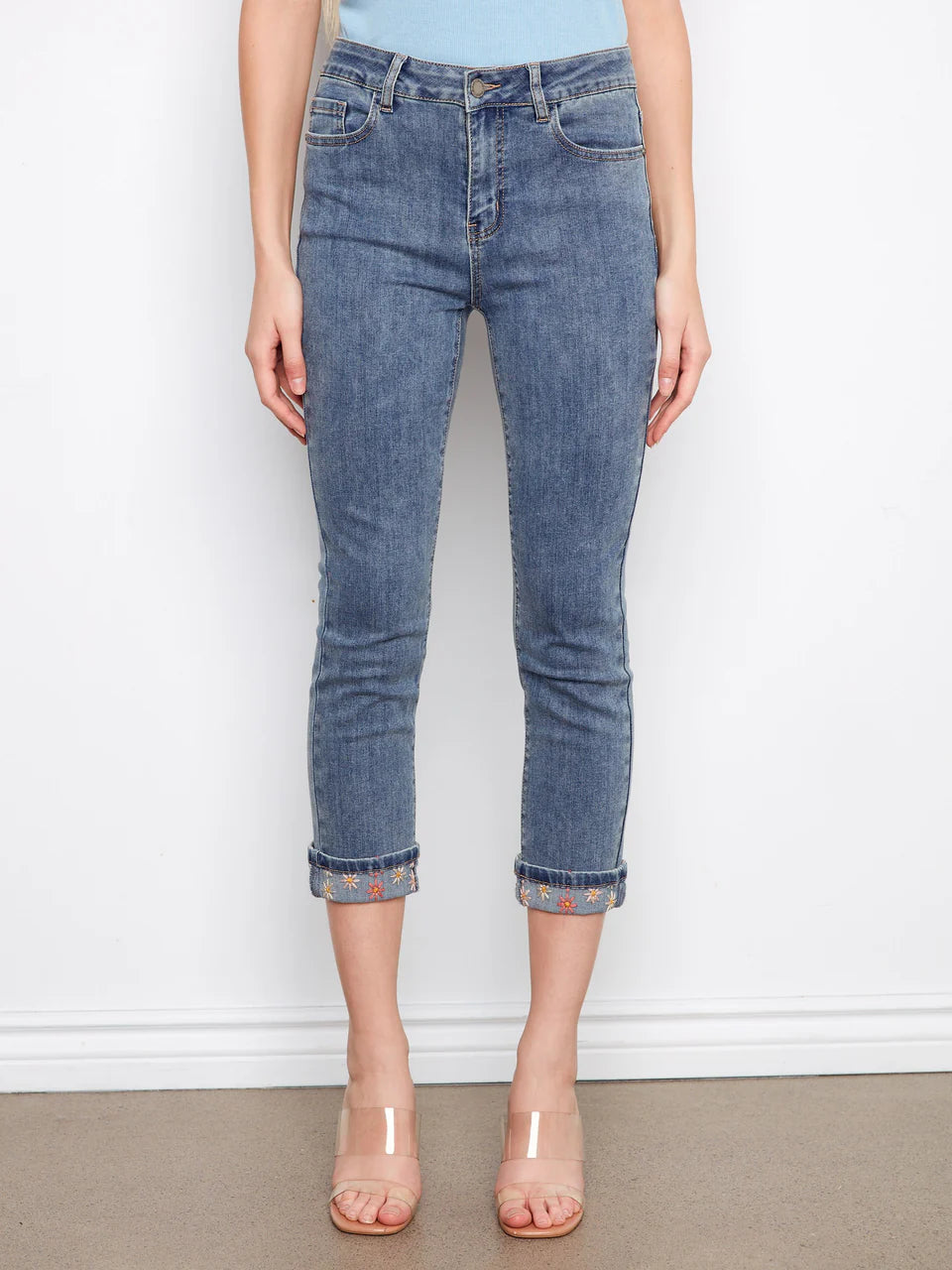 Embroidered Cuff Cropped Slim Leg Jeans in Medium Blue