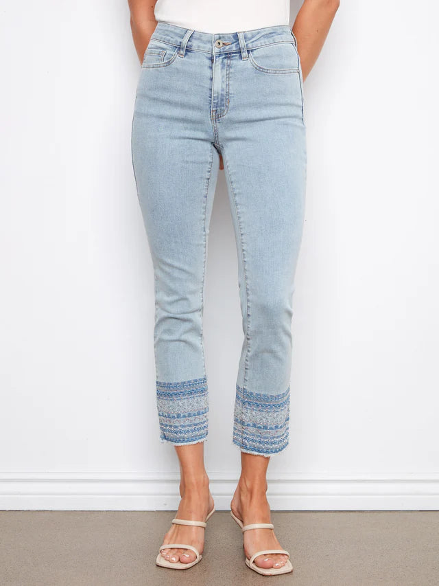 Stretch Denim Slim Pants with Hem Embroidery