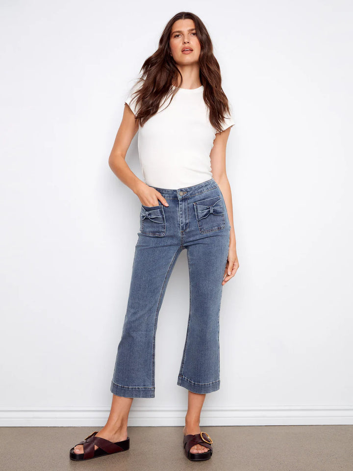 Flare Leg Stretch Denim Pants With Bow Patch Pockets