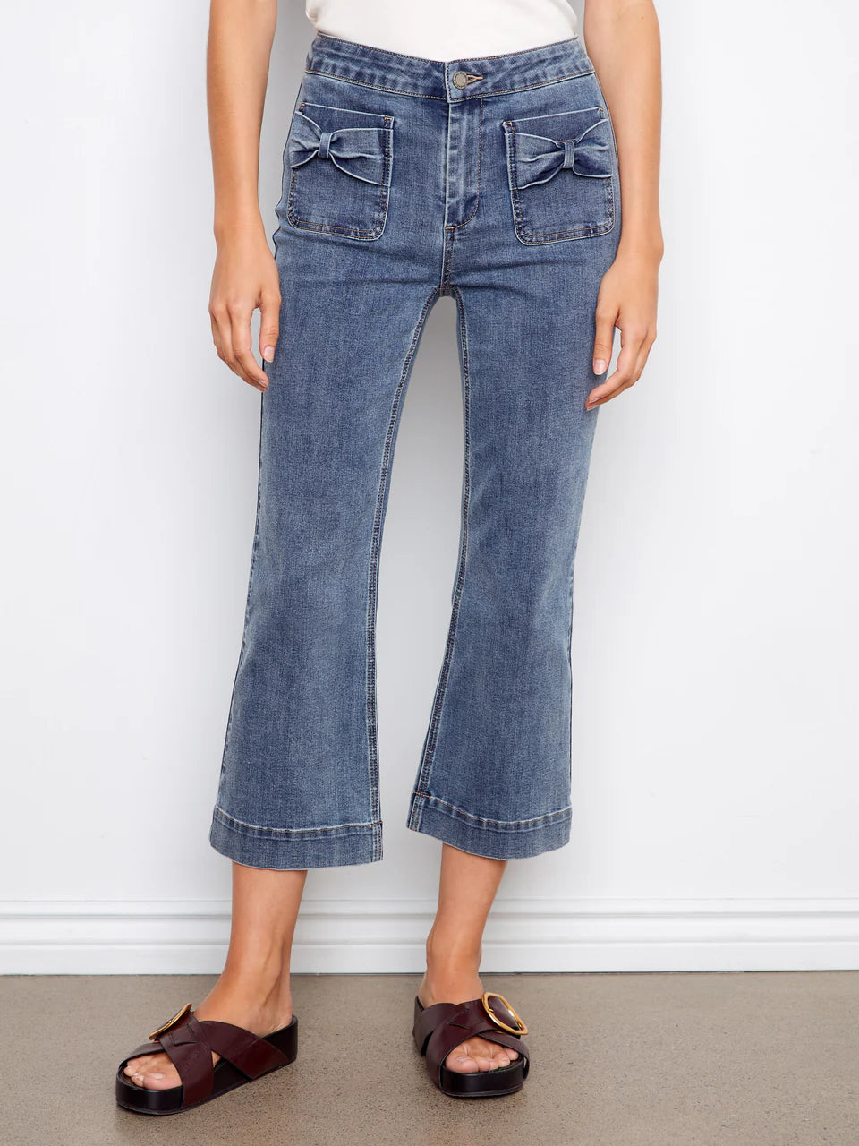 Flare Leg Stretch Denim Pants With Bow Patch Pockets