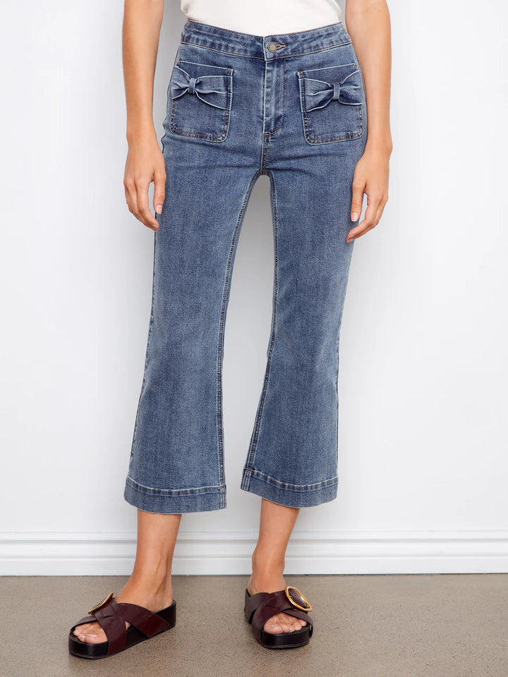 Flare Leg Stretch Denim Pants With Bow Patch Pockets