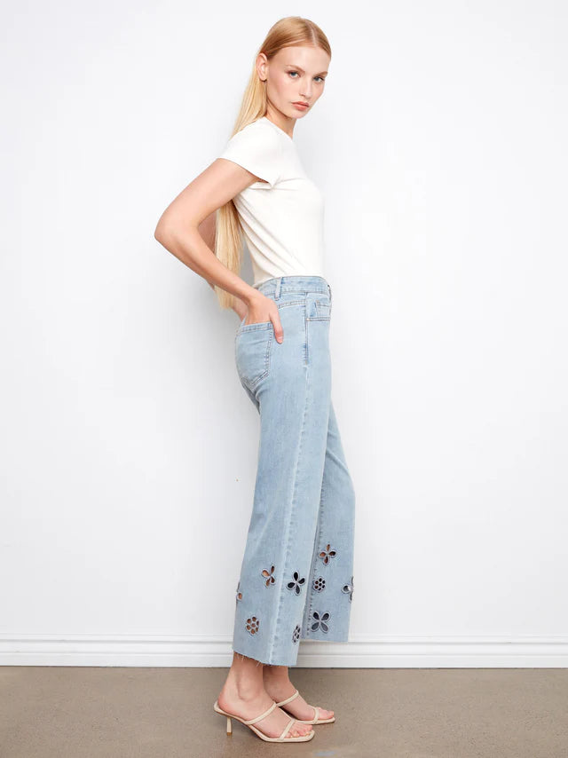 Wide Leg Stretch Denim Pants with Flower Cut Out at Hem