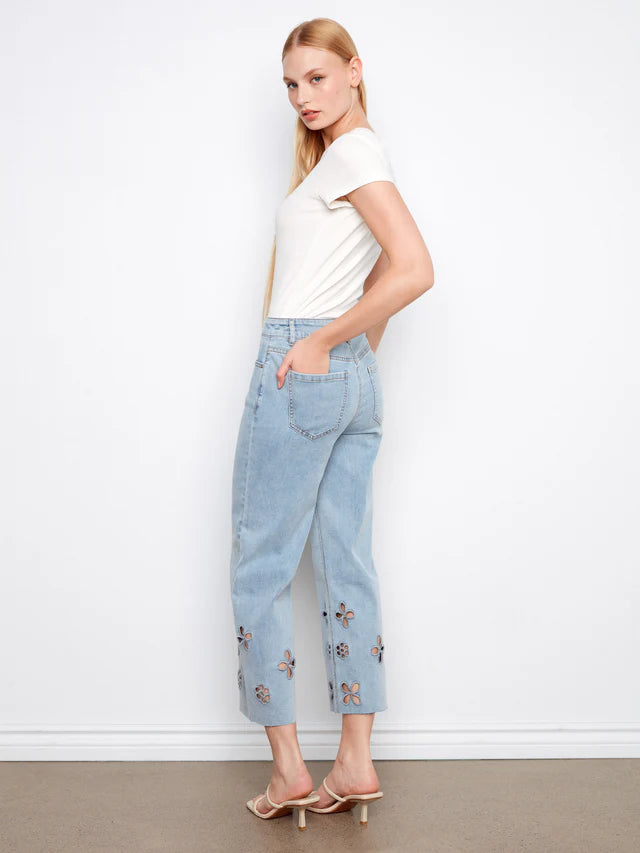 Wide Leg Stretch Denim Pants with Flower Cut Out at Hem