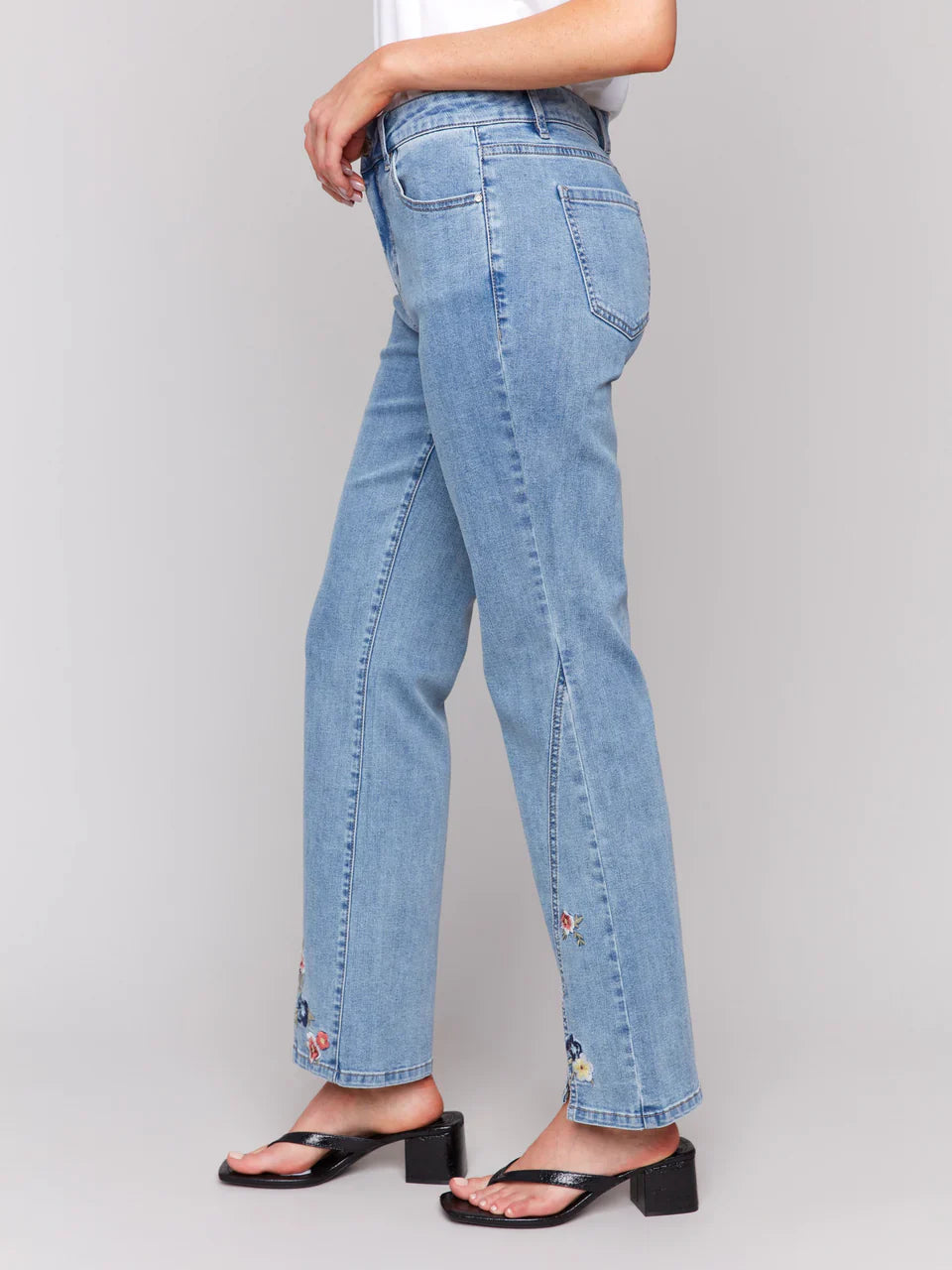 Stretch Denim Front Slit Floral Embroidered Pant