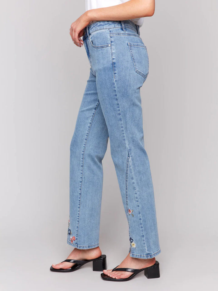 Stretch Denim Front Slit Floral Embroidered Pant
