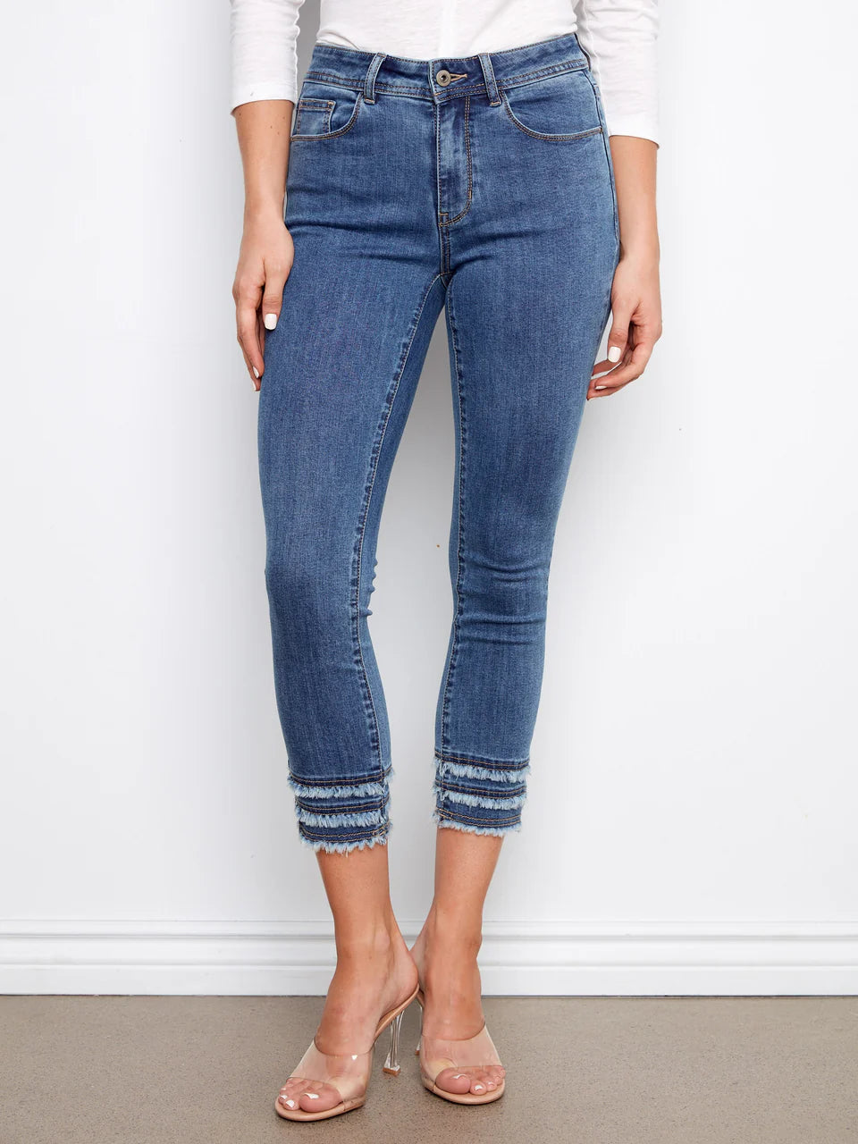 Stretch Denim Skinny Leg Pants With Frayed Hem Detail