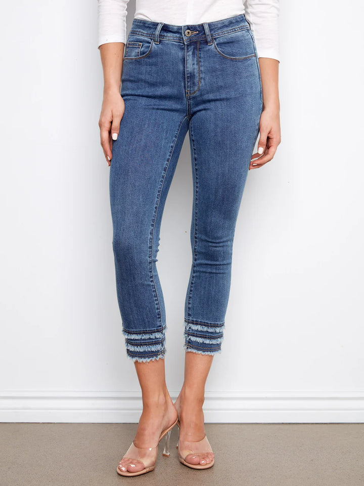 Stretch Denim Skinny Leg Pants With Frayed Hem Detail