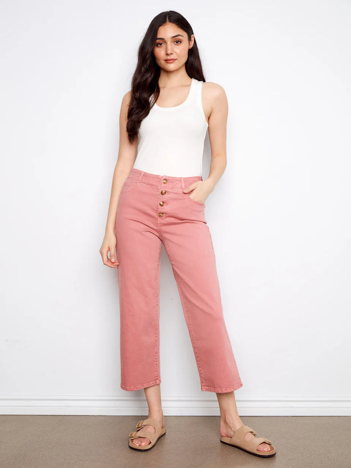 Button Fly Colored Twill Straight Leg Pants in Carnation