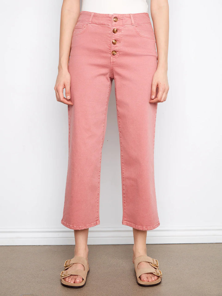 Button Fly Colored Twill Straight Leg Pants in Carnation