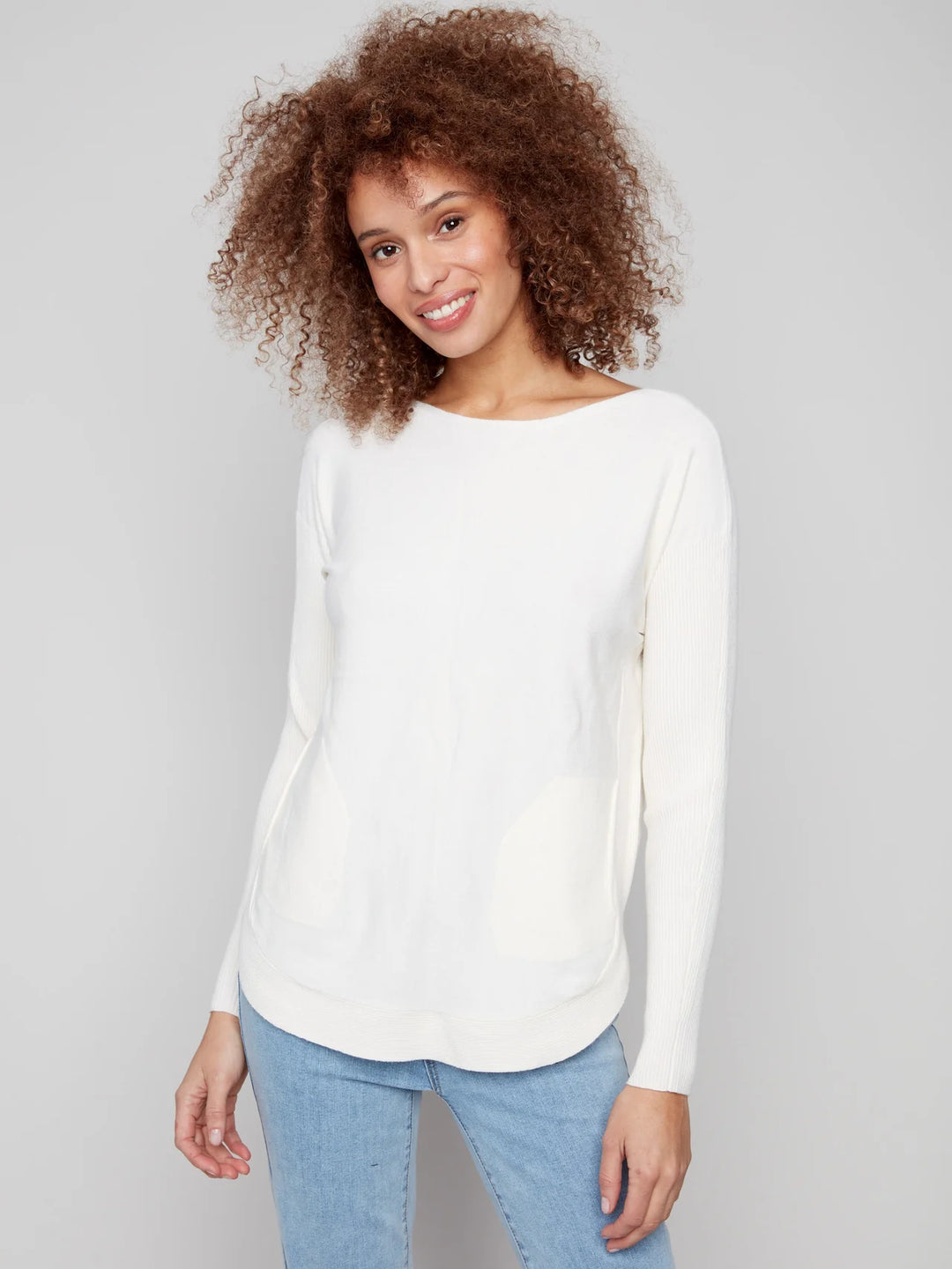 Long Sleeve Boat Neck Sweater with Pockets and Eyelet Details in Ecru