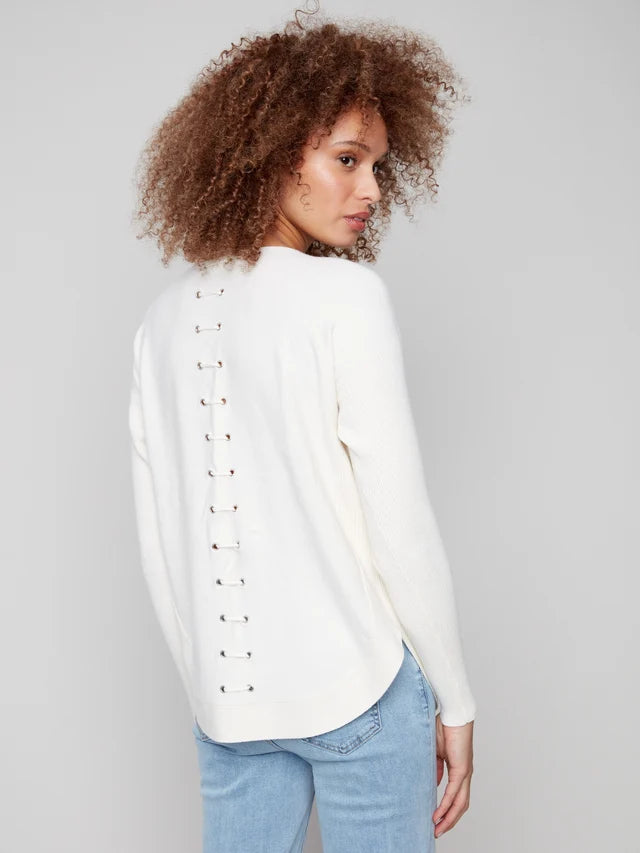 Long Sleeve Boat Neck Sweater with Pockets and Eyelet Details in Ecru