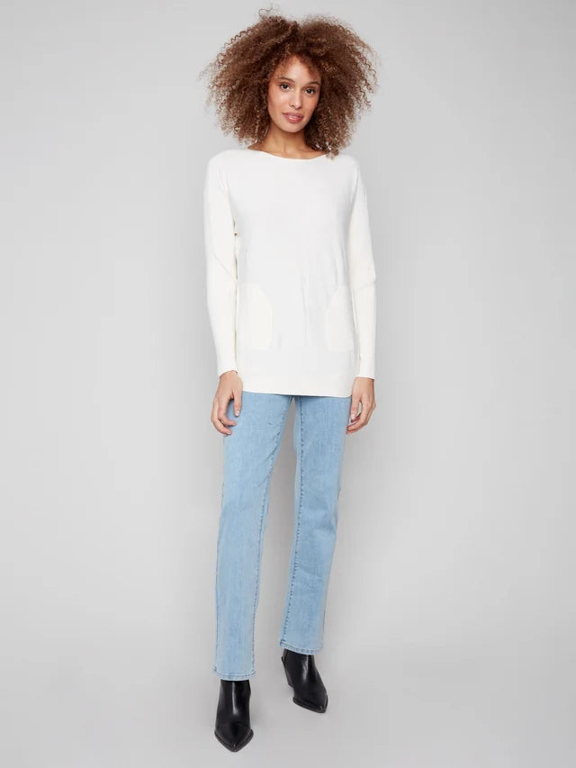 Long Sleeve Boat Neck Sweater with Pockets and Eyelet Details in Ecru