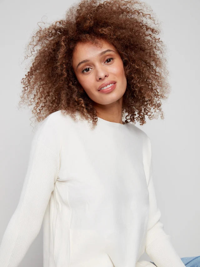 Long Sleeve Boat Neck Sweater with Pockets and Eyelet Details in Ecru