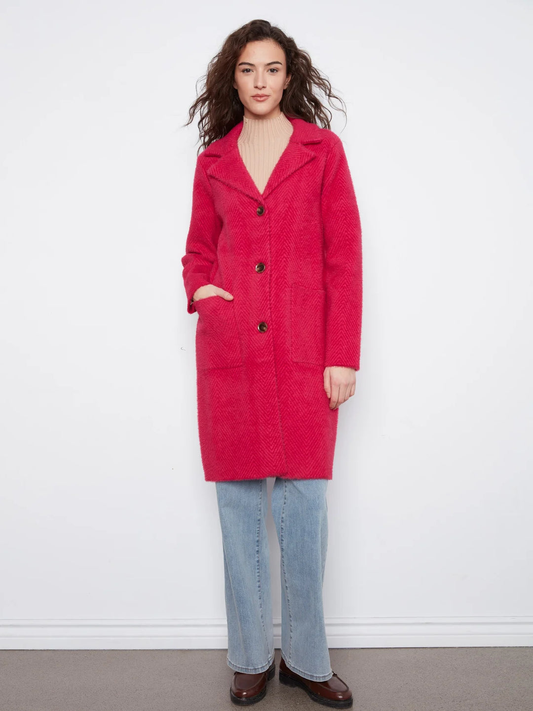 Knit Coatigan with Patch Pockets in Cherry