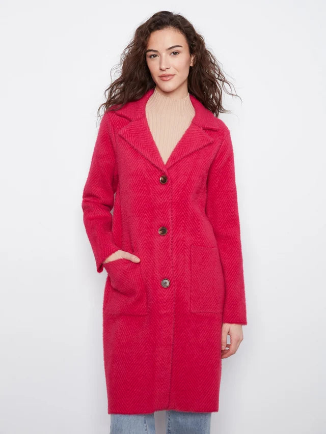 Knit Coatigan with Patch Pockets in Cherry