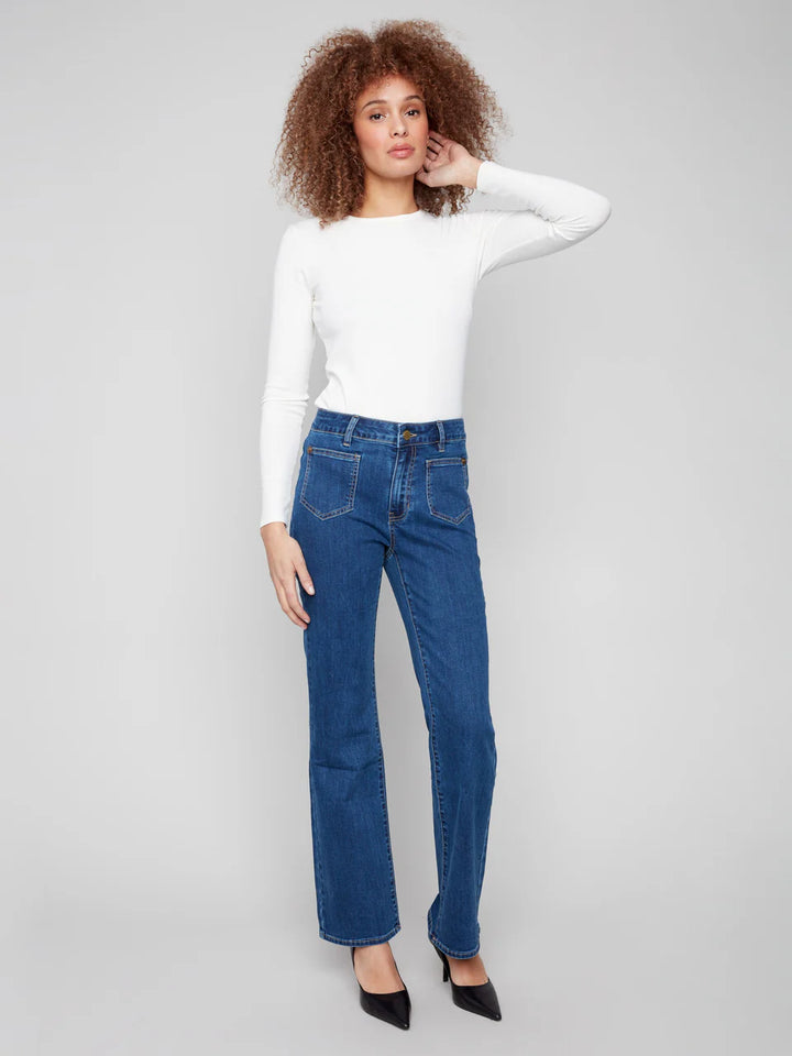 Patch Pocket Flare Jeans With Rivets - Indigo
