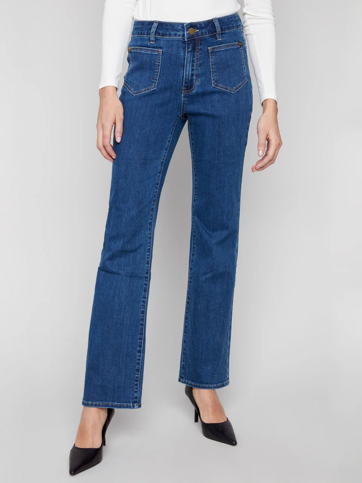 Patch Pocket Flare Jeans With Rivets - Indigo