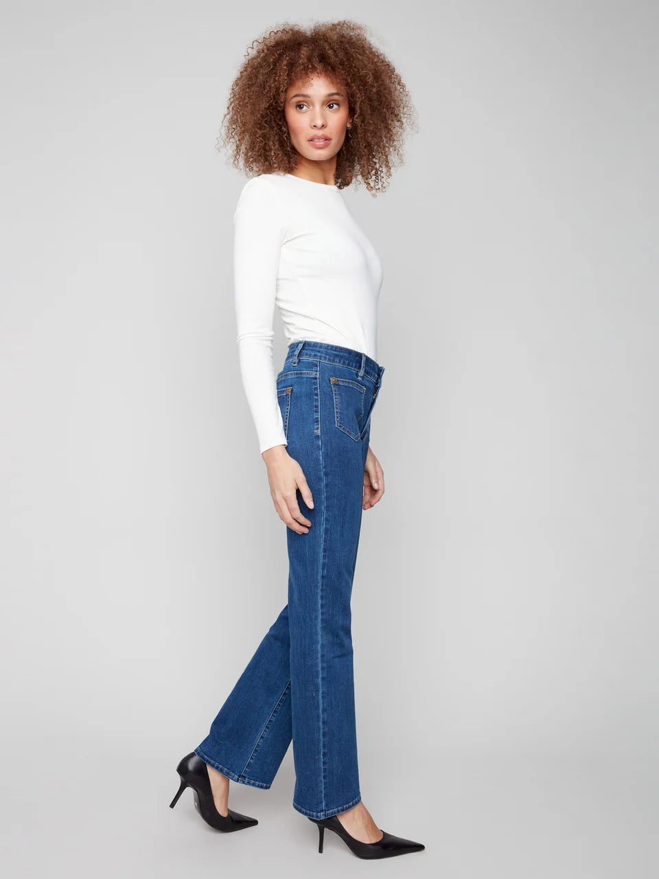 Patch Pocket Flare Jeans With Rivets - Indigo
