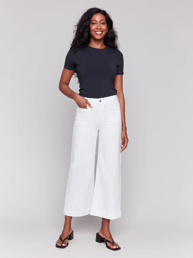 Cropped Wide Leg Colored Twill Pants with Patch Pockets in White