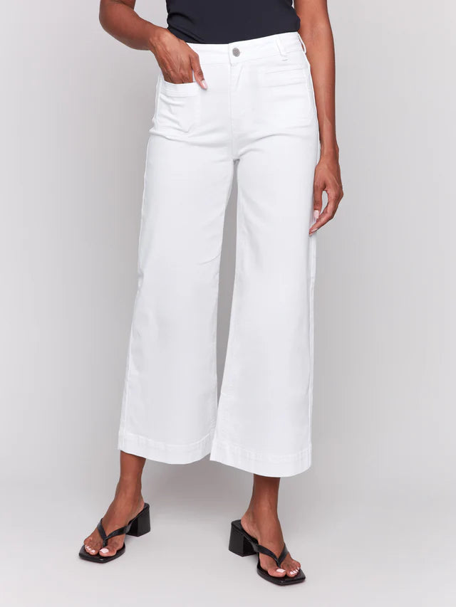 Cropped Wide Leg Colored Twill Pants with Patch Pockets in White