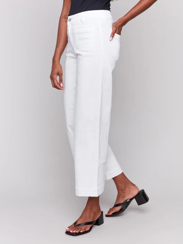 Cropped Wide Leg Colored Twill Pants with Patch Pockets in White