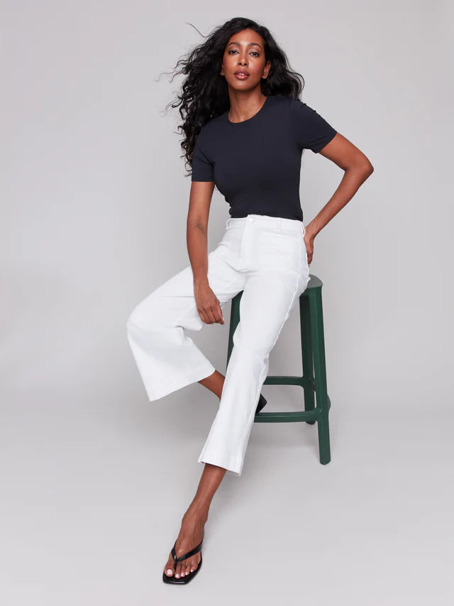 Cropped Wide Leg Colored Twill Pants with Patch Pockets in White