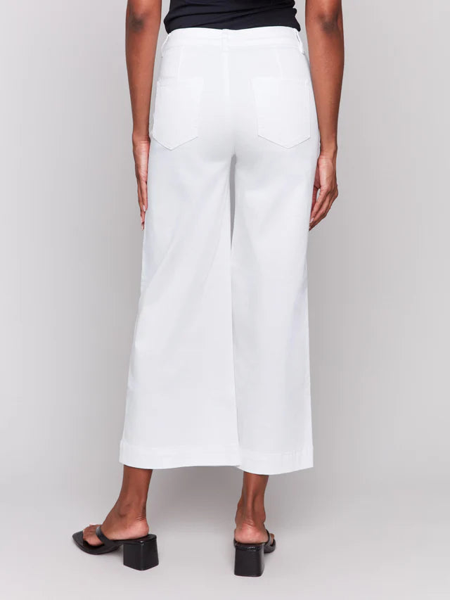 Cropped Wide Leg Colored Twill Pants with Patch Pockets in White