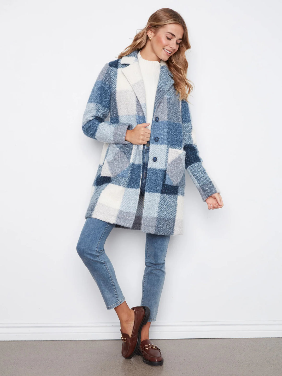 Plaid Bloucle Knit Tailored Collar Coat
