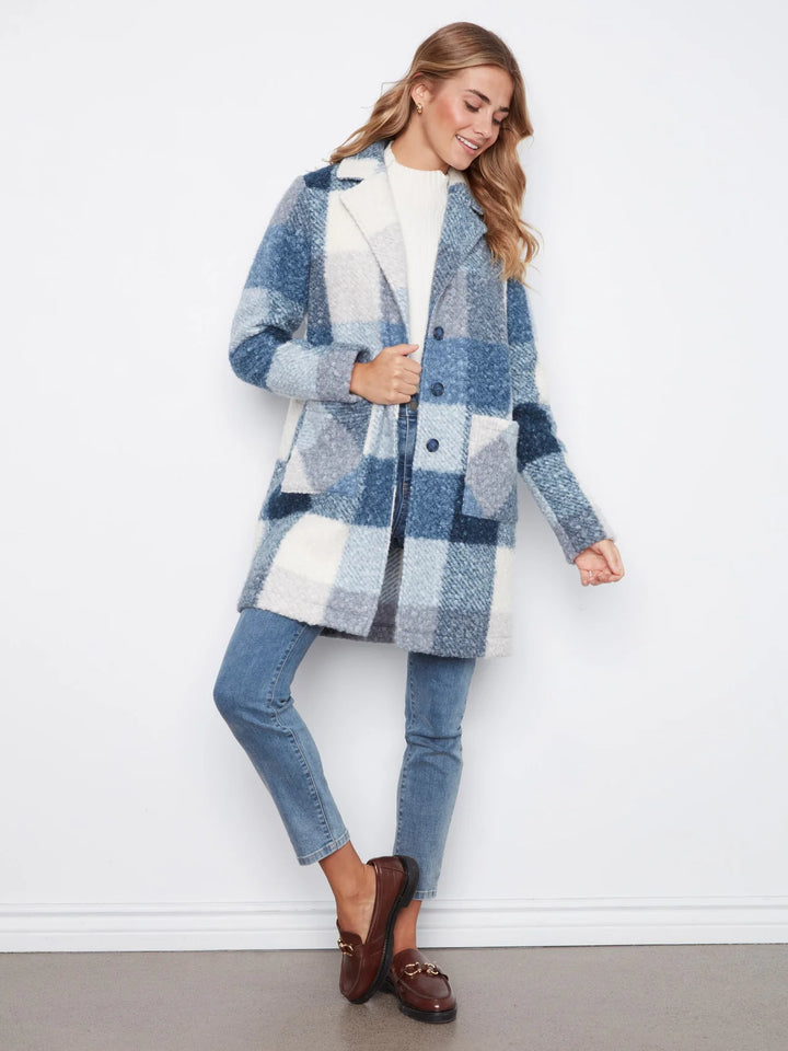 Plaid Bloucle Knit Tailored Collar Coat