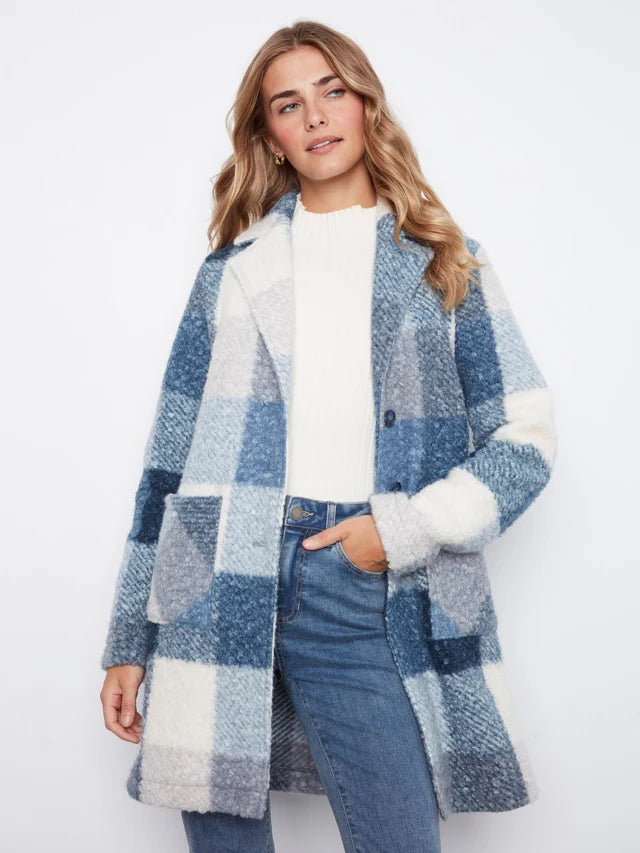 Plaid Bloucle Knit Tailored Collar Coat