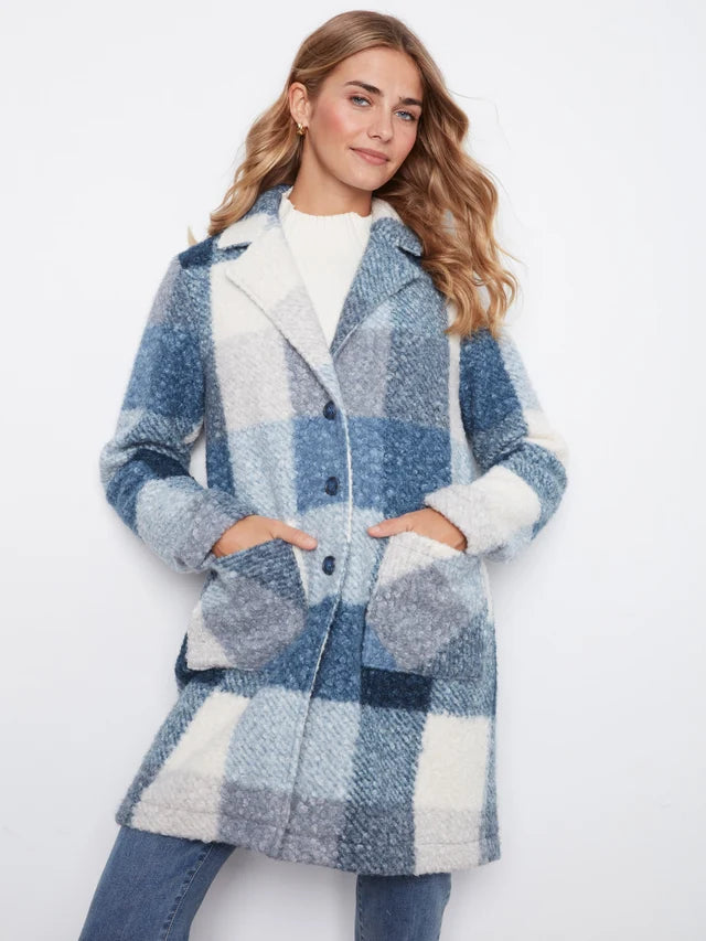 Plaid Bloucle Knit Tailored Collar Coat