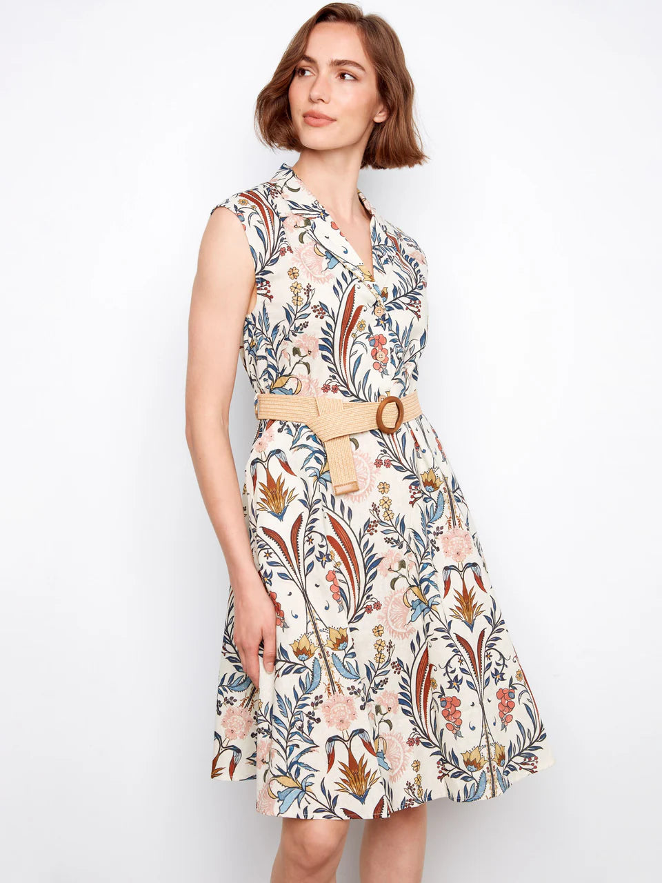 Printed Linen Cap Sleeve Dress With Straw Belt in Bella Print