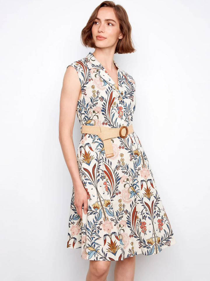 Printed Linen Cap Sleeve Dress With Straw Belt in Bella Print