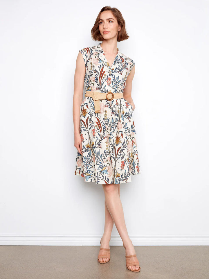Printed Linen Cap Sleeve Dress With Straw Belt in Bella Print