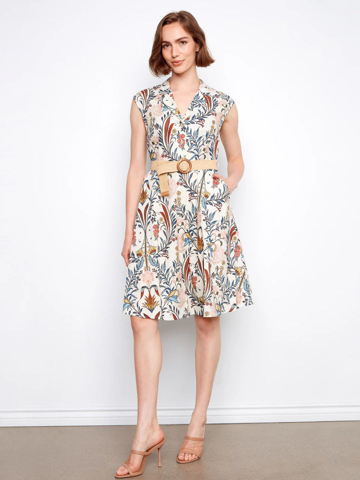 Printed Linen Cap Sleeve Dress With Straw Belt in Bella Print