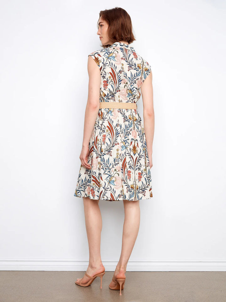 Printed Linen Cap Sleeve Dress With Straw Belt in Bella Print