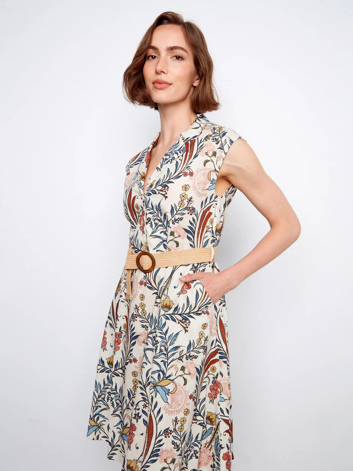Printed Linen Cap Sleeve Dress With Straw Belt in Bella Print