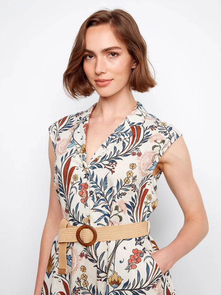 Printed Linen Cap Sleeve Dress With Straw Belt in Bella Print