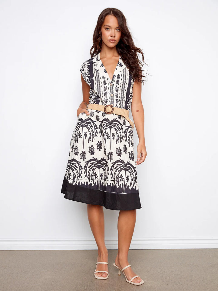 Printed Linen Cap Sleeve Dress With Straw Belt in Oasis Print