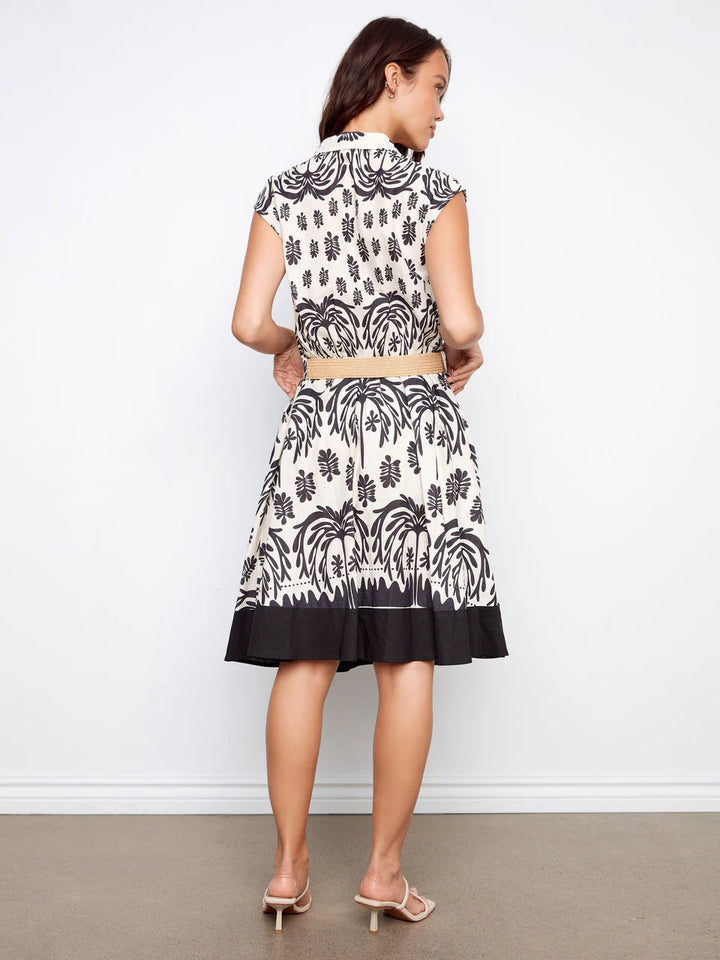 Printed Linen Cap Sleeve Dress With Straw Belt in Oasis Print