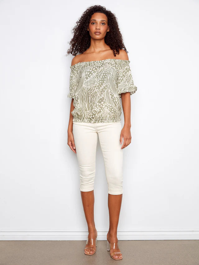 Printed Short Sleeve Off-Shoulder Blouse in Prisma