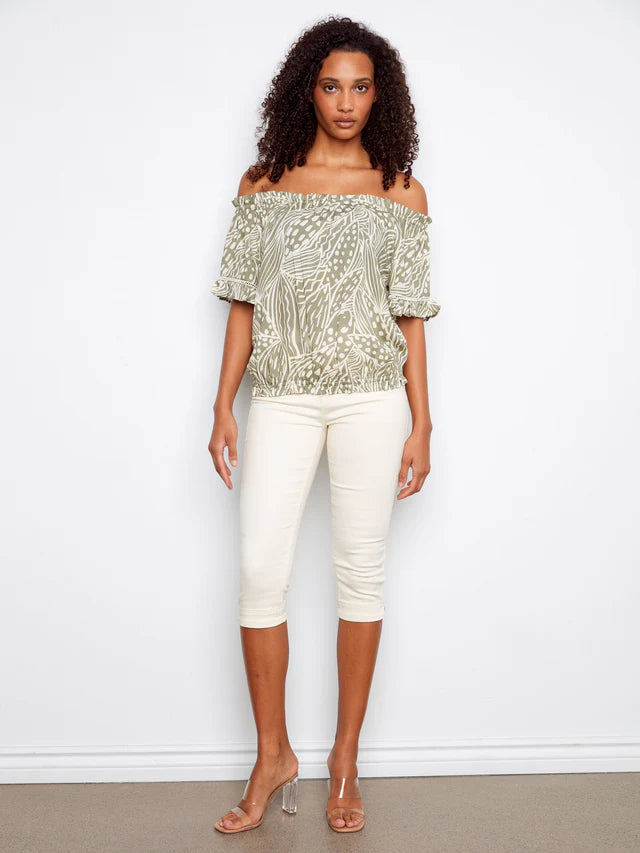 Printed Short Sleeve Off-Shoulder Blouse in Prisma