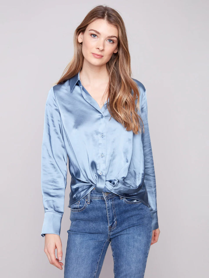 Satin Button-Down Shirt With Twisted Front - Oxford
